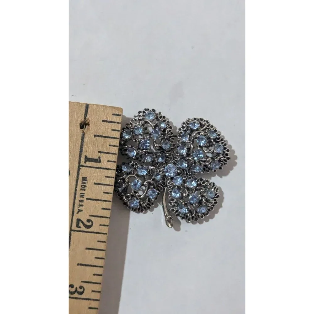 Vintage Rhinestone Clover Brooch Pin -‎ Silver Tone Blue Gems Luck & Sparkle!